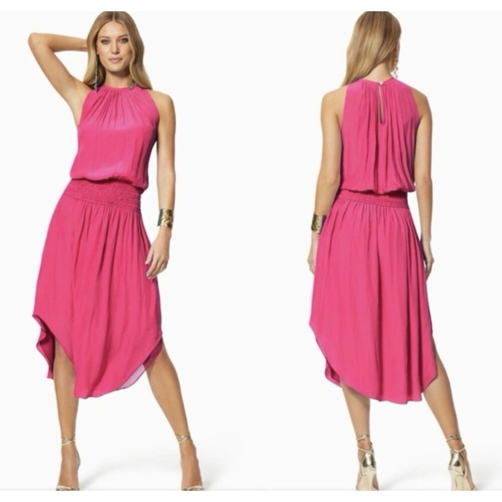 Ramy Brook New York Audrey Smocked MidiDress Women’s XS Satin Pink Orig $425 EUC - Picture 16 of 16